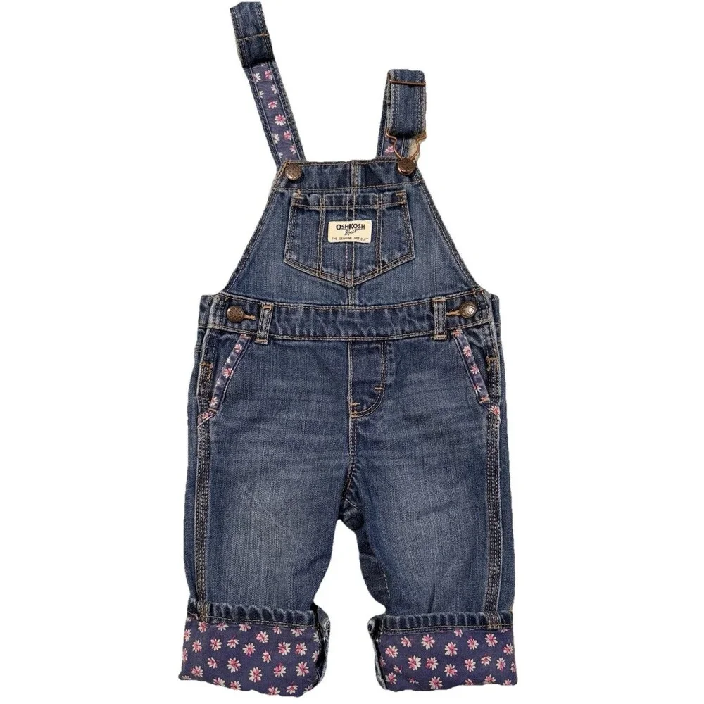 Y2K OshKosh B'gosh Vestbak Baby Girls 9M Blue Denim Overalls Floral Trim Spring